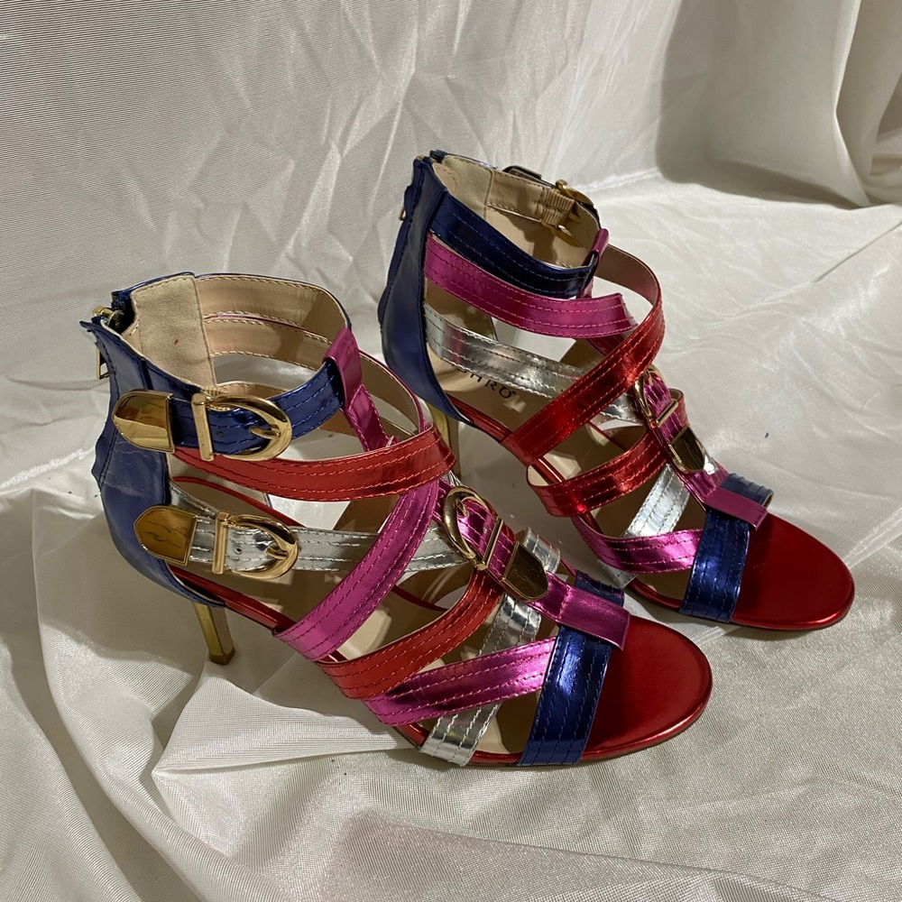 Pink Red Silver & Blue Shiny Bootie High Heeled Sandals by Ashuro sz 8.5